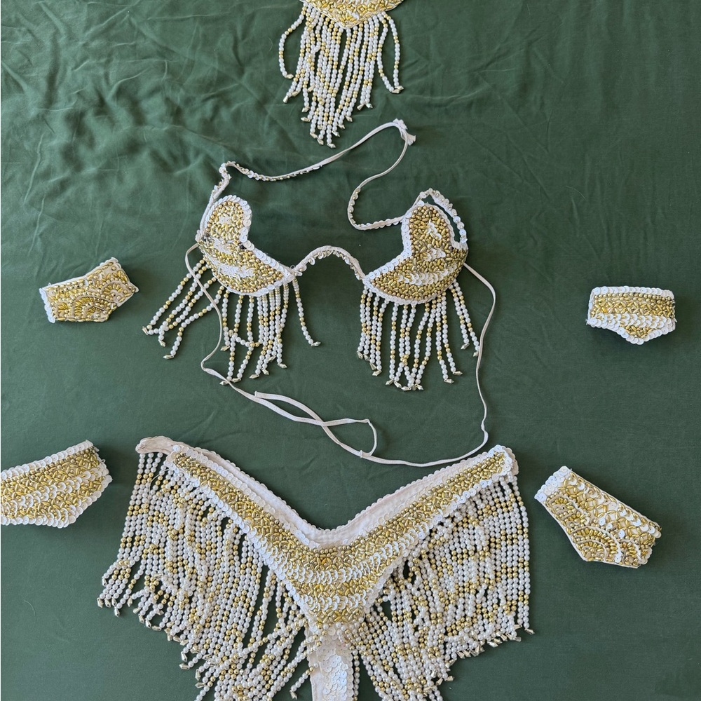 Gold and White Beaded Fringe Bikini Set - From Rio de Janeiro (carnaval)